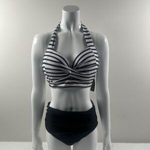 Tempt Me Bikini Set Womens L Black Striped Halter Underwire High Waist Swimsuit